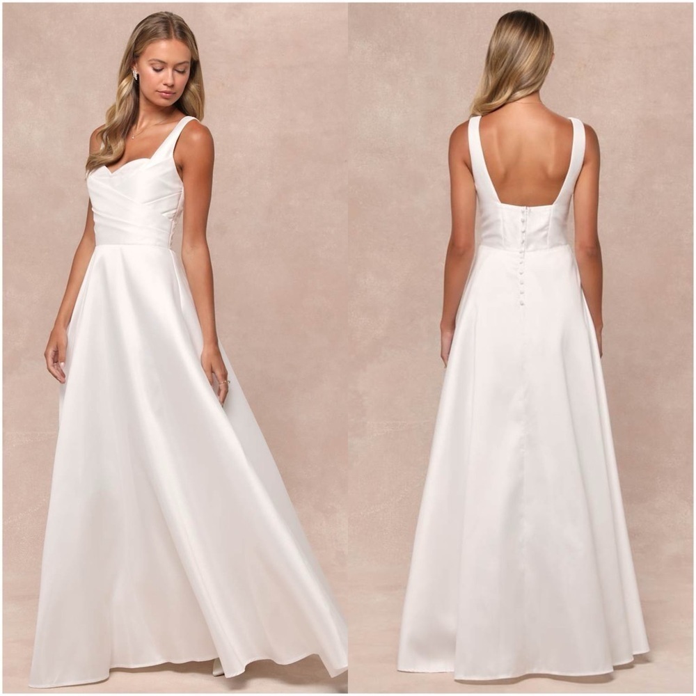 LULU’S Modern Affection White Taffeta Pleated Sleeveless Maxi Dress
